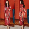 Red satin long robe with floral peacock print, elegant loungewear for women - Red Peacock Flower