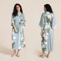 Light blue floral satin robe featuring a wide waist belt and elegant lily print - Blue Gray Peony / One Size (for Those Over 165cm Weighing 90-180 Lbs)