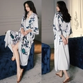 Light gray satin robe with navy floral print, featuring long sleeves and waist tie - Light Gray Two Flowers / One Size (for Those Over 165cm Weighing 90-180 Lbs)