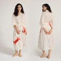 Elegant cream satin robe for women featuring red floral print and adjustable waist belt - White Poppy