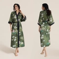 Luxurious dark green floral satin bathrobe with elegant peony print and waist tie belt - Floral Spring Knot