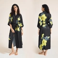Luxurious long black floral satin robe with large yellow flowers and kimono sleeves - Black Leaf Yellow Flower