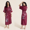 Wine red satin kimono robe featuring cherry blossom print and matching waist tie - Spring Red