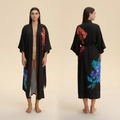 Women's black satin long robe with red and blue floral print and waist belt - Black Gold Floral