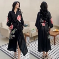Elegant black satin long robe with pink floral peony print and matching belt for women - Island Black