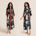 Women's black satin printed long robe with leopard tropical pattern and orange trim - Night Leopard / One Size (for Those Over 165cm Weighing 90-180 Lbs)