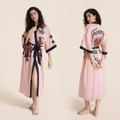 Pink satin long robe with rose and bird print featuring Forever text on the back - Pink Rose Bird