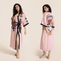 Pink satin kimono robe featuring vintage rose prints and Forever text on the back - Pink Rose Bird / One Size (for Those Over 165cm Weighing 90-180 Lbs)