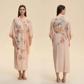 Pink silk satin long-sleeved bathrobe with floral prints and matching waist tie - Coral Pink Fine Floral