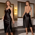 Elegant black satin slip dress featuring backless design and sparkling rhinestone chain - Black with Rhinestone Chains