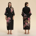 Women's black satin kimono robe with large floral peony print and matching belt - Black Large Peony Style