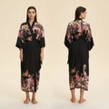 Floral satin long-sleeve bathrobe for women in black with vibrant peony and rose prints - Black Peony Style