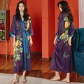 Purple floral satin robe for women with butterfly print and blue contrast trim - Yellow Flower Purple Robe / One Size (for Those Over 165cm Weighing 90-180 Lbs)