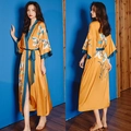 Luxurious ginger yellow satin print sleepwear robe with floral embroidery for women - Yellow Sequin Floral