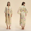 Yellow satin floral long robe for women with elegant pink blossoms and waist belt - Yellow Pink Floral Style