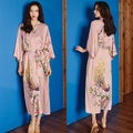 Pink satin kimono robe with peacock floral print and elegant tie belt for women - Peacock Pink / One Size (for Those Over 165cm Weighing 90-180 Lbs)
