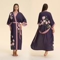 Deep purple long satin floral robe with elegant pink flower print and belted waist - Deep Purple Pink Flower Style
