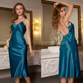 Peacock blue satin nightgown with deep V-neck, backless design and metal chain detail - Indigo with Rhinestone Chains