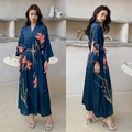 Luxurious navy blue satin long floral nightdress with leaf print and waist tie belt - Fragrant Orchid