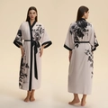 Elegant apricot satin robe with black floral print and contrast piping long sleeve style - Apricot Ink Floral Style