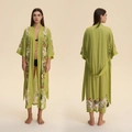 Women's sage green satin long robe featuring white lily floral prints and waist tie - Grass Green Lily Style
