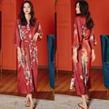 Luxurious dark red satin long robe with vintage floral and peacock prints for women - Red Peacock Flower / One Size (for Those Over 165cm Weighing 90-180 Lbs)