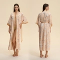 Pink floral satin long kimono robe with elegant white blossoms and golden trim detail - Pink White Floral Style