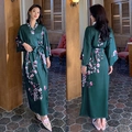 Elegant dark green satin floral bathrobe with pink plum blossoms and matching belt - Winter Green