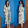 Elegant satin floral print robe in cream with vintage green V-neck trim and waist belt - Green Tree Landscape / One Size (for Those Over 165cm Weighing 90-180 Lbs)