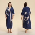 Long navy blue satin robe with magnolia print and contrasting pink trim for women - Navy Magnolia Style