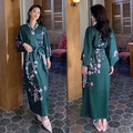 Dark green satin floral print long robe with pink cherry blossoms and waist tie - Winter Green / One Size (for Those Over 165cm Weighing 90-180 Lbs)