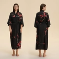Elegant black satin long robe featuring red plum blossoms and a waist tie-up design - Black Red Sakura Style