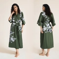Dark green satin floral print long bathrobe with kimono sleeves and matching waist belt - Spring Morning Breeze