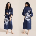Navy blue satin floral robe with elegant lotus print and waist tie for women - Misty Rain Lotus