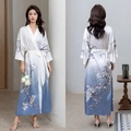 Women's silk satin long robe featuring white and blue floral print with adjustable waist tie - Bright Cyan Square / One Size (for Those Over 165cm Weighing 90-180 Lbs)