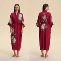 Luxurious deep red satin long robe with elegant peony floral print and waist belt - Red Peony Style