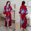 Red long floral satin nightdress with blue flower print and waist tie for women - Blue Sky Red Flame