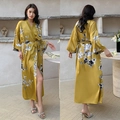 Floral print ginger yellow satin robe with wide sleeves and side slit design - Autumn Morning Mist / One Size (for Those Over 165cm Weighing 90-180 Lbs)