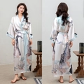 Elegant satin long robe for women with oriental ink landscape print and blue trim - Cloudy Mountain