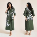Women's dark green floral satin robe with seven-quarter sleeves and belted waist design - Spring Morning Breeze / One Size (for Those Over 165cm Weighing 90-180 Lbs)