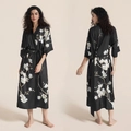 Elegant black satin long robe with magnolia floral print and waist tie closure - Spring Spring Shadow / One Size (for Those Over 165cm Weighing 90-180 Lbs)
