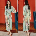 Mint green floral peacock satin kimono robe with long sleeves and matching waist belt - Peacock Green / One Size (for Those Over 165cm Weighing 90-180 Lbs)