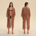 Long chiffon beach cover-up with ethnic geometric print and yellow tassel sleeves - Onesize / Hieroglyphic Nile