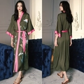 Luxurious dark green satin floral robe with pink trim and matching waist belt - Rose Red Green Trim / One Size (for Those Over 165cm Weighing 90-180 Lbs)