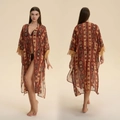 Bohemian orange chiffon cover-up with sun-moon print and golden fringe sleeves - Onesize / Sun Tribe