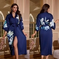 Women's dark blue floral satin robe with luxury long-length printed kimono design - Oriental Moon