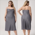 Detailed views of grey satin slip nightdress showing silky fabric and draped neckline - 1XL / Greyish Purple