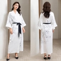 White floral satin robe for women with black waist tie and wide kimono sleeves - White Jade Immortal / One Size (for Those Over 165cm Weighing 90-180 Lbs)
