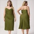 Detailed views of plus size olive green satin nightgown with cowl neck and silky finish - 1XL / Dark Green