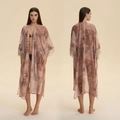 Women's long paisley chiffon kimono cover-up with fringe cuffs and earth-toned floral prints - Onesize / Floral Shadow